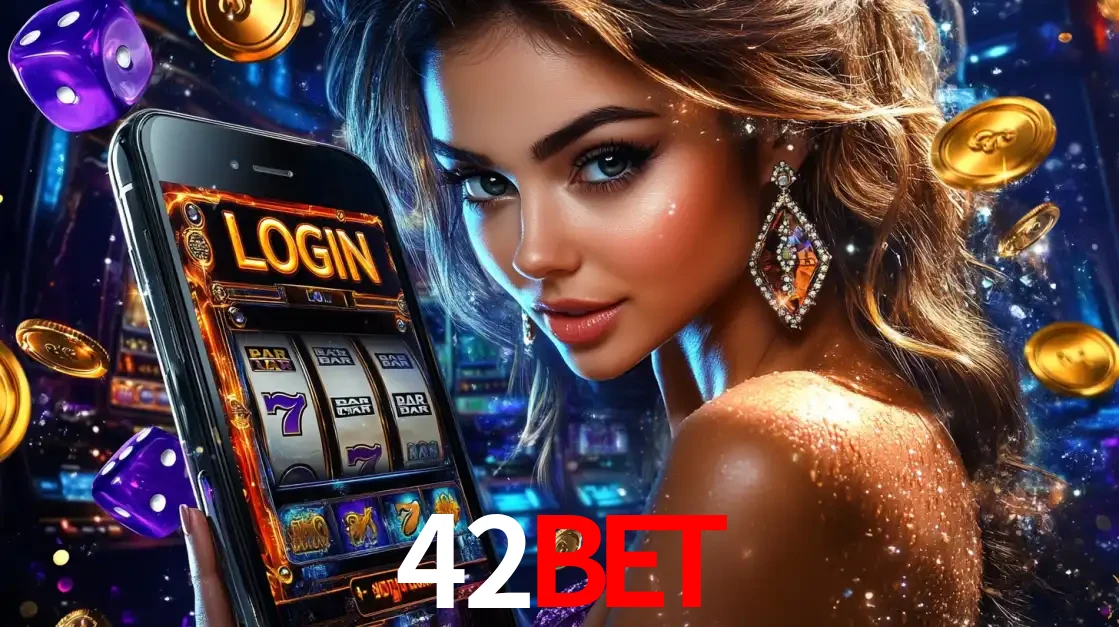 Mulher glamorosa segurando um smartphone com a tela de login para os jogos de caça-níqueis do cassino online 42bet, com moedas de ouro e dados ao redor.